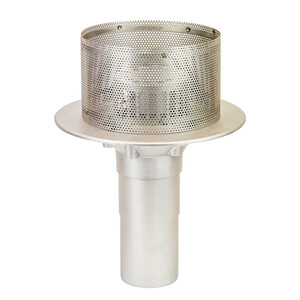 Frost Aluminium Inverted Roof drain assembly - fixed dome 220mm and 150mm gravel guard, medium sump body with clamp, vertical 400mm spigot outlet 75mm dia
