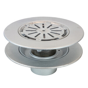Frost Aluminium Warm Roof drain assembly - aluminium grating, fixed 240mm circular, medium sump body with clamp, vertical threaded outlet 3" BSP