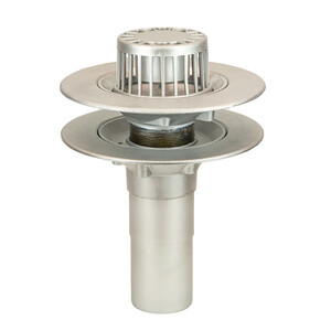 Frost Aluminium Warm Roof drain assembly - fixed dome 220mm circular, medium sump body with clamp, vertical 400mm spigot outlet 75mm dia