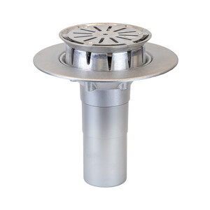 Frost Aluminium Inverted Roof drain assembly - aluminium grating, fixed 240mm circular, medium sump body with clamp, vertical 400mm spigot outlet 75mm dia