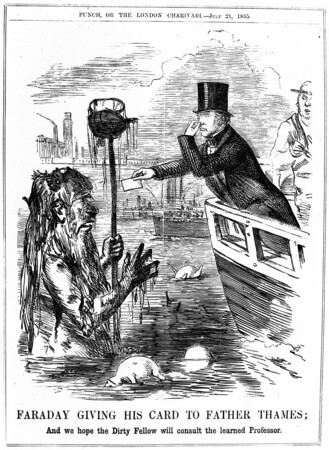 caricature faraday giving his card to father thames