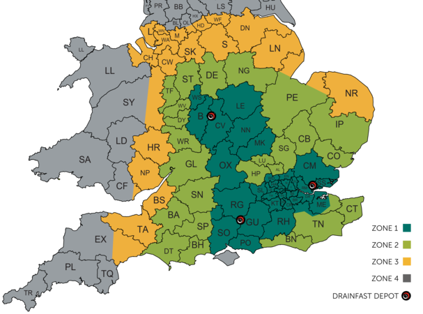 Drainfast Delivery Area Map 2025